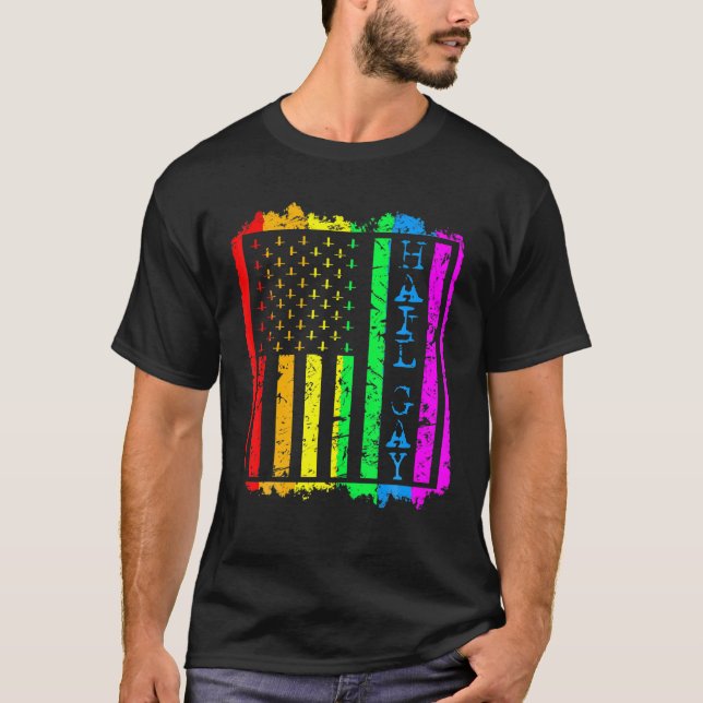 Grunge LGBT All Hail Gay Pride Flag Satanic T-Shirt (Front)