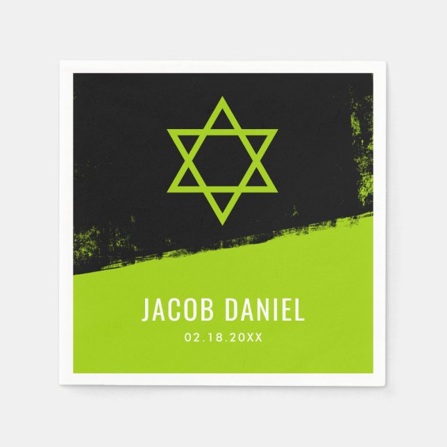 Grunge Lime Green Black Bar Mitzvah Napkins (Front)