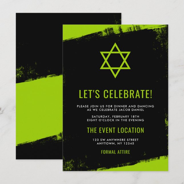 Grunge Lime Green Black Bar Mitzvah Reception Invitation (Front/Back)