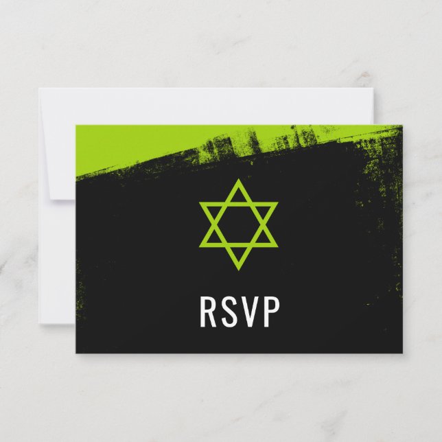 Grunge Lime Green Black Bar Mitzvah RSVP (Front)