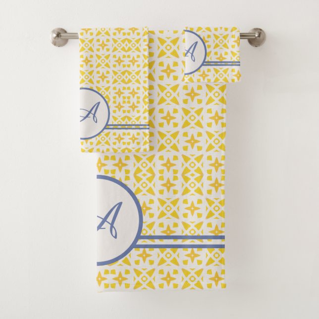Grunge Monogram | Elegant Yellow & Blue Pattern Bath Towel Set (Insitu)
