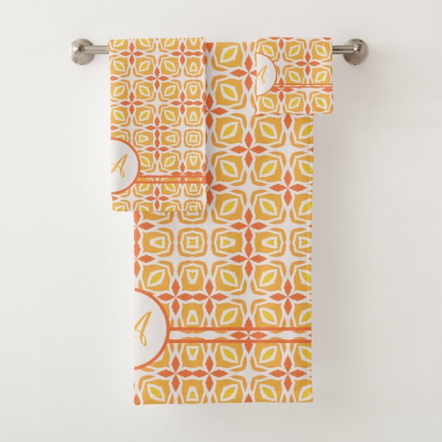 Grunge Monogram | Elegant Yellow & Orange Pattern Bath Towel Set (Insitu)