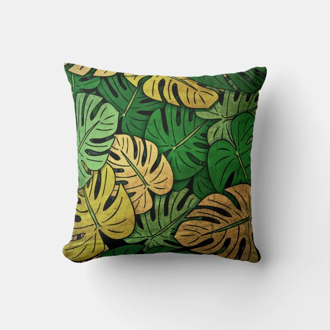 Grunge Monstera Leaves Throw Pillow (Front)