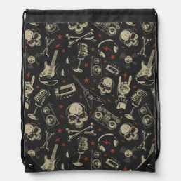 Grunge music skull crossbones pattern drawstring bag