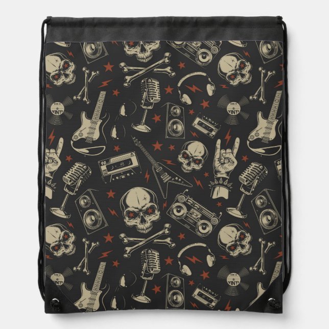 Grunge music skull crossbones pattern drawstring bag (Front)
