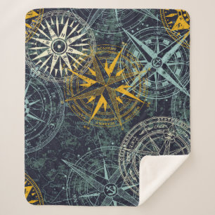Grunge nautical rose wind compass vintage vintage  sherpa blanket