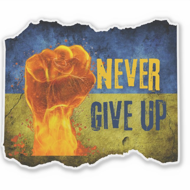 Grunge Never Give Up Ukraine Flaming Fist Vinyl Sticker (Front)