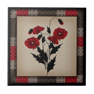 Grunge oldish retro vintage poppies red flowers fl ceramic tile