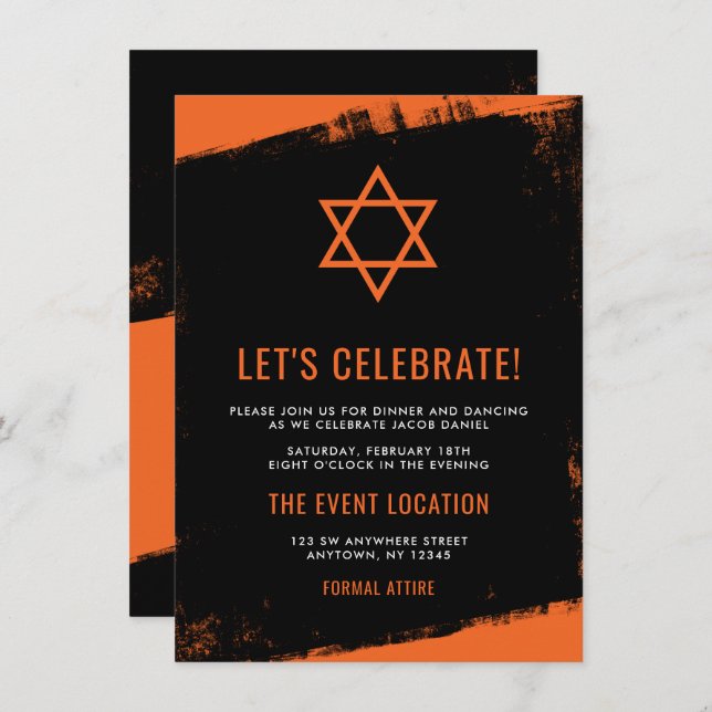 Grunge Orange Black Bar Mitzvah Reception Invitation (Front/Back)
