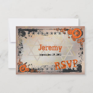 Grunge Orange, Black, Grey Bar Mitzvah RSVP Card