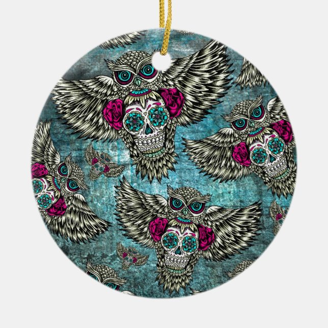 Grunge Owls with sugar skulls Ceramic Ornament (Front)