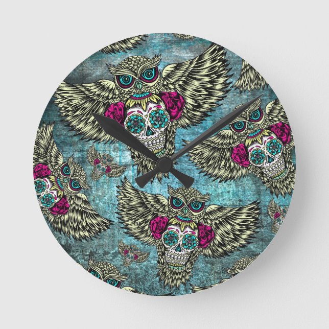 Grunge Owls with sugar skulls Round Clock (Front)