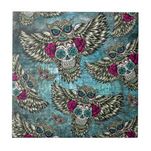 Grunge Owls with sugar skulls Tile