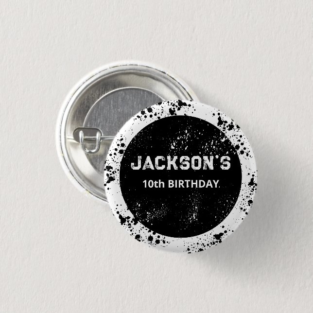 Grunge Paint Splatter Black & White Birthday Button (Front & Back)