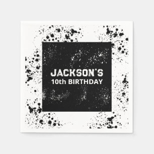 Grunge Paint Splatter Black & White Birthday Napkins