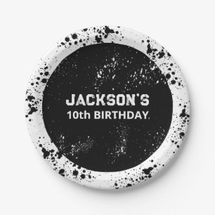 Grunge Paint Splatter Black & White Birthday Paper Plates