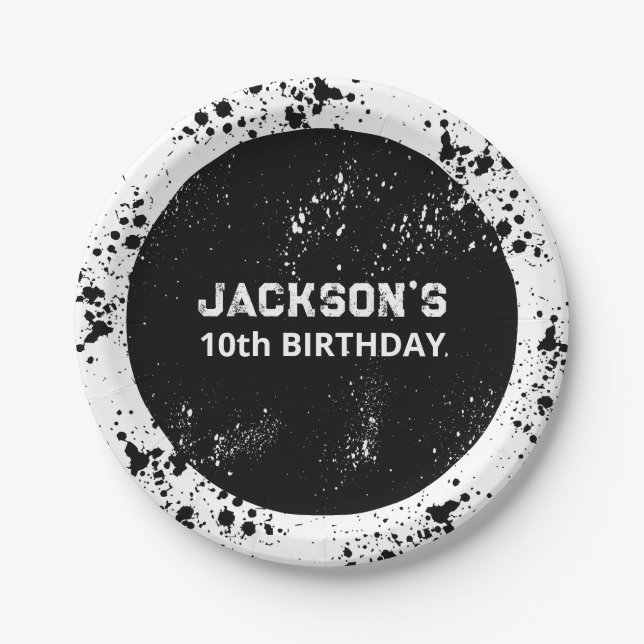 Grunge Paint Splatter Black & White Birthday Paper Plates (Front)