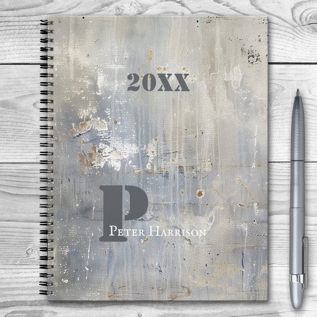 Grunge Painterly Blue Grey Planner (Planner featuring a grunge design in a loose painterly style in blue grey and off-white colors)