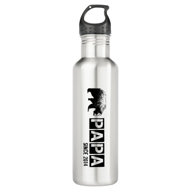 Grunge Papa Bear Since 2014, Black Stainless Steel Water Bottle (Front)