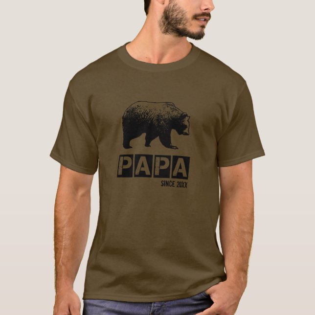 Grunge Papa Bear Since Year Of Fatherhood, Black T-Shirt (Front)