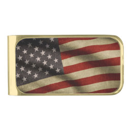 Grunge Patriot American Flag Gold Finish Money Clip