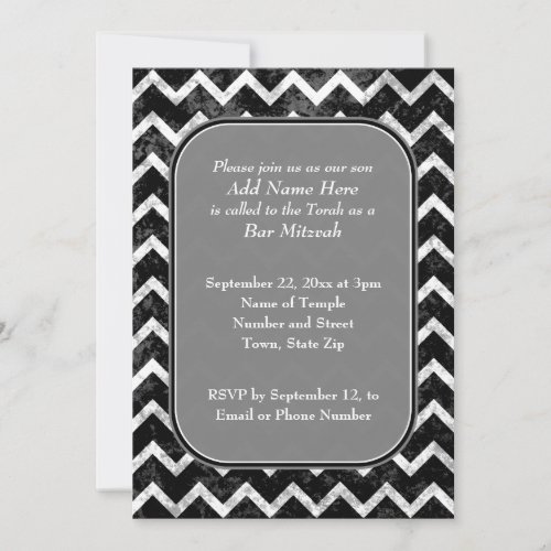 Grunge Pattern Black and White Chevron Bar Mitzvah Invitation