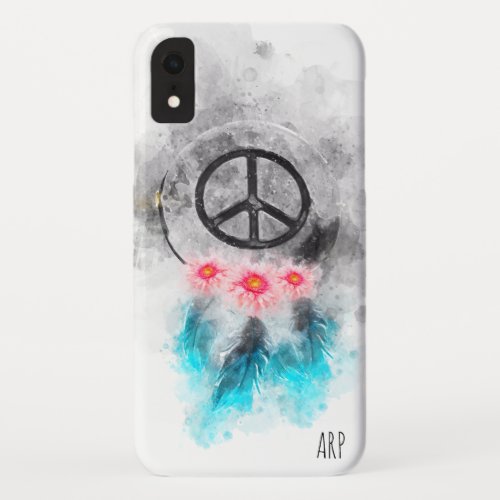  Grunge Peace Sign Feathers Flowers Watercolor iPhone XR Case