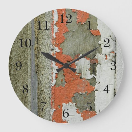 Grunge peeling orange paint on concrete wall large clock