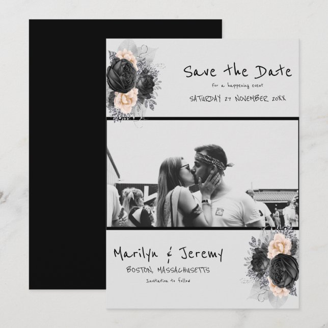 Grunge Photo Black Floral Flat Save The Date Card (Front/Back)