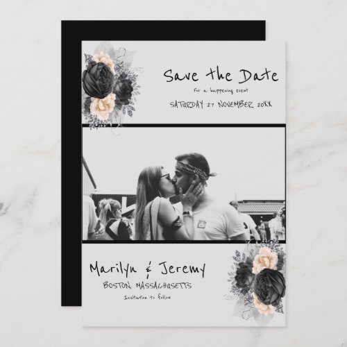 Grunge Photo Black Floral Flat Save The Date Card