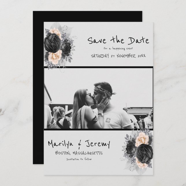 Grunge Photo Black Floral Flat Save The Date Card (Front/Back)