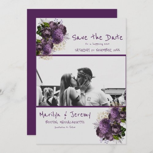 Grunge Photo Purple Floral Flat Save The Date Card