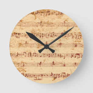 Grunge piano notes music sheet round clock