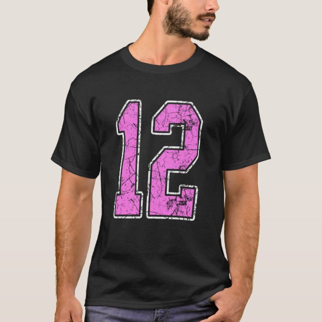 Grunge Pink and Pink Number 12 Jersey Player Unifo T-Shirt (Front)