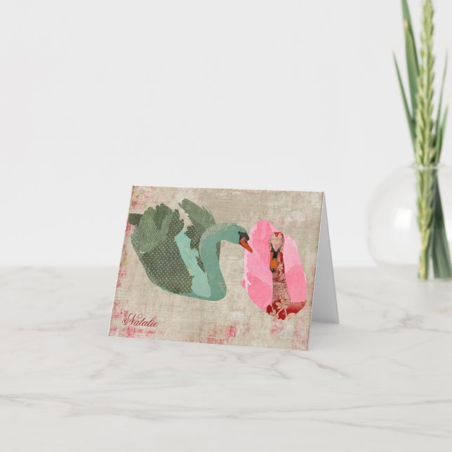 Grunge Pink & Olive Swans Personalized Notecard (Front)
