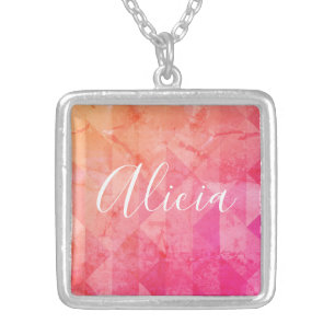 Grunge pink orange watercolor custom name text silver plated necklace