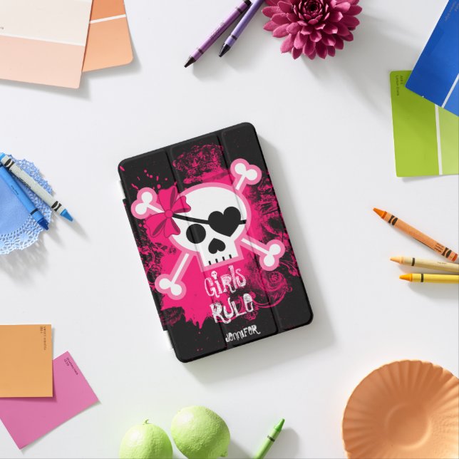 Grunge Pink Skull Crossbones Girls Rule iPad Mini Cover (In Situ)
