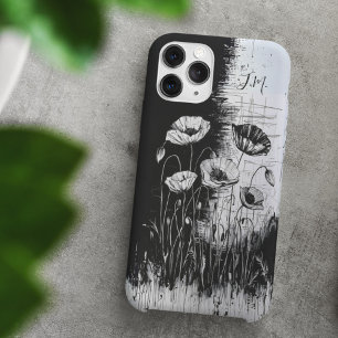 Grunge Poppy Black White Monogram Custom Name iPhone 16 Case