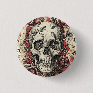 Grunge Punk Skull and Roses Illustration Button