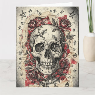 Grunge Punk Skull and Roses Illustration Card