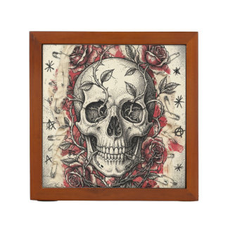 Grunge Punk Skull and Roses Illustration Desk Organizer