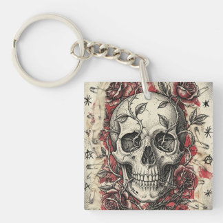 Grunge Punk Skull and Roses Illustration Keychain