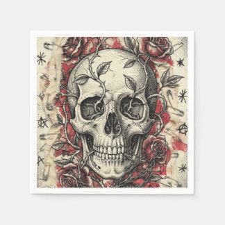 Grunge Punk Skull and Roses Illustration Napkins