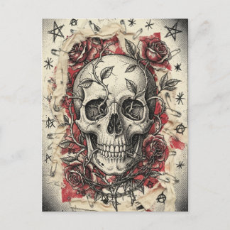 Grunge Punk Skull and Roses Illustration Postcard