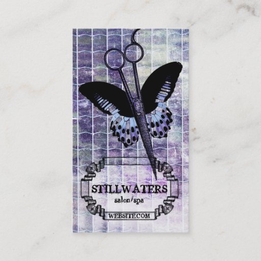 Customizable grunge purple butterfly scissors hair stylist spa business card templates