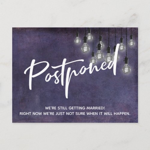 Grunge Purple Edison Lights Postponed Wedding Postcard