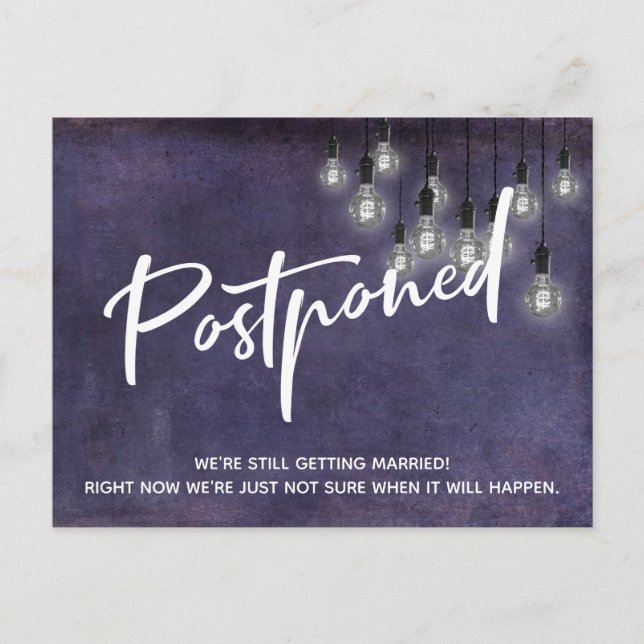 Grunge Purple Edison Lights Postponed Wedding Postcard (Front)
