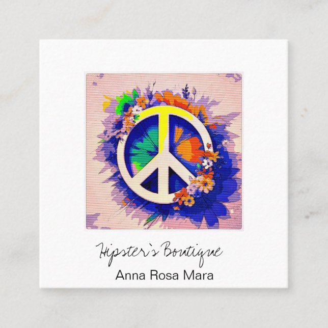 *~* Grunge QR Peace Symbol Floral Boho AP57 Square Business Card (Front)