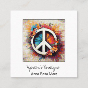*~* Grunge QR Peace Symbol Flowers Boho AP57 Square Business Card