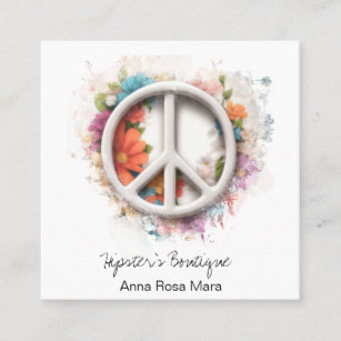 *~* Grunge QR  White Peace Sign Flowers  Boho AP57 Square Business Card